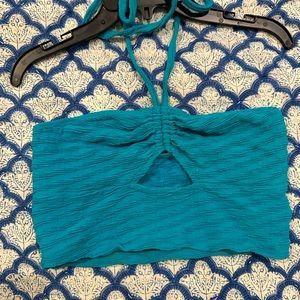 shein blue/aqua ruched halter top